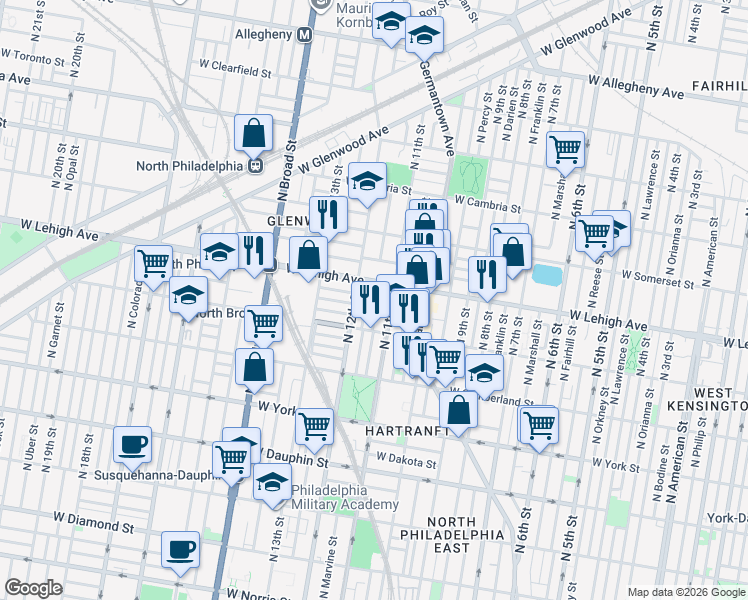 map of restaurants, bars, coffee shops, grocery stores, and more near 1119 West Oakdale Street in Philadelphia