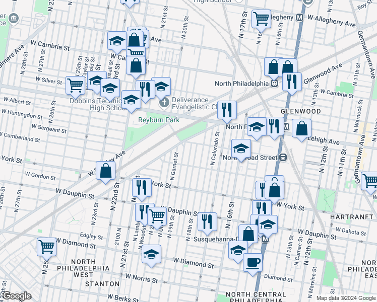 map of restaurants, bars, coffee shops, grocery stores, and more near 2544 North Gratz Street in Philadelphia