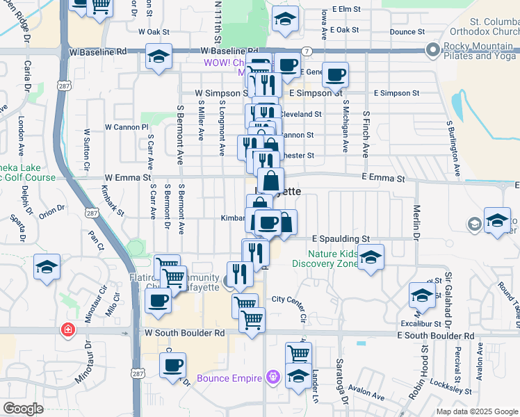 map of restaurants, bars, coffee shops, grocery stores, and more near 605 South Roosevelt Avenue in Lafayette