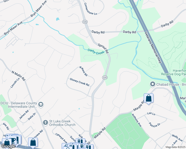 map of restaurants, bars, coffee shops, grocery stores, and more near 2709 North Kent Road in Broomall