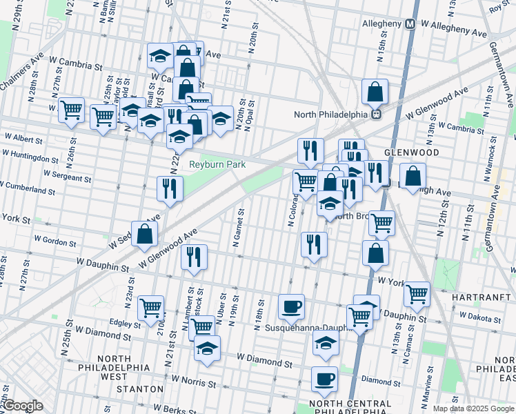 map of restaurants, bars, coffee shops, grocery stores, and more near 2544 North Gratz Street in Philadelphia