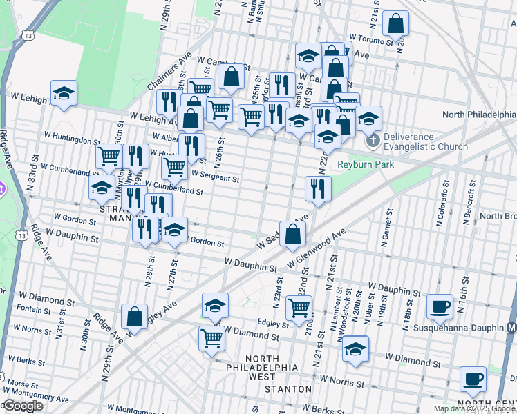 map of restaurants, bars, coffee shops, grocery stores, and more near 2406 West Cumberland Street in Philadelphia
