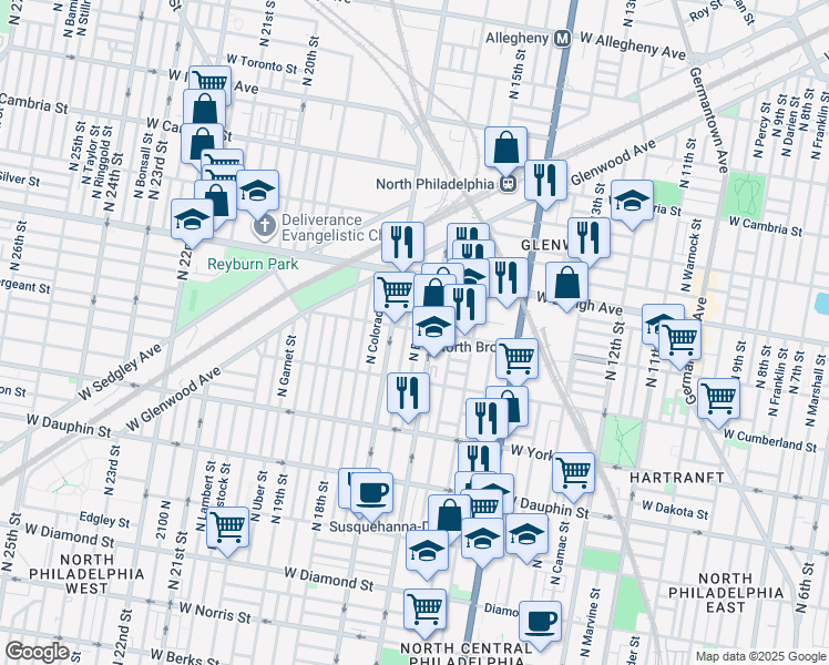 map of restaurants, bars, coffee shops, grocery stores, and more near 2568 North Bancroft Street in Philadelphia