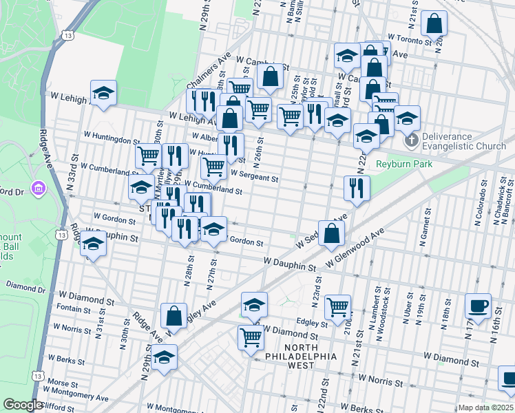 map of restaurants, bars, coffee shops, grocery stores, and more near 2535 West Hagert Street in Philadelphia