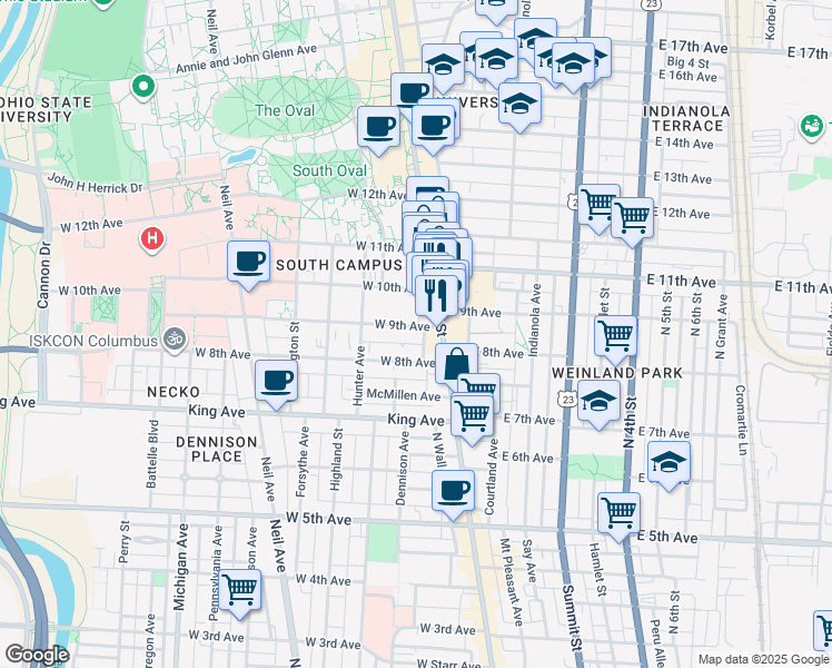 map of restaurants, bars, coffee shops, grocery stores, and more near 10 West 9th Avenue in Columbus