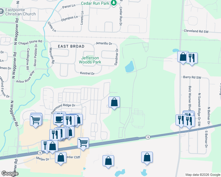 map of restaurants, bars, coffee shops, grocery stores, and more near 8572 Whitehawk Loop in Blacklick