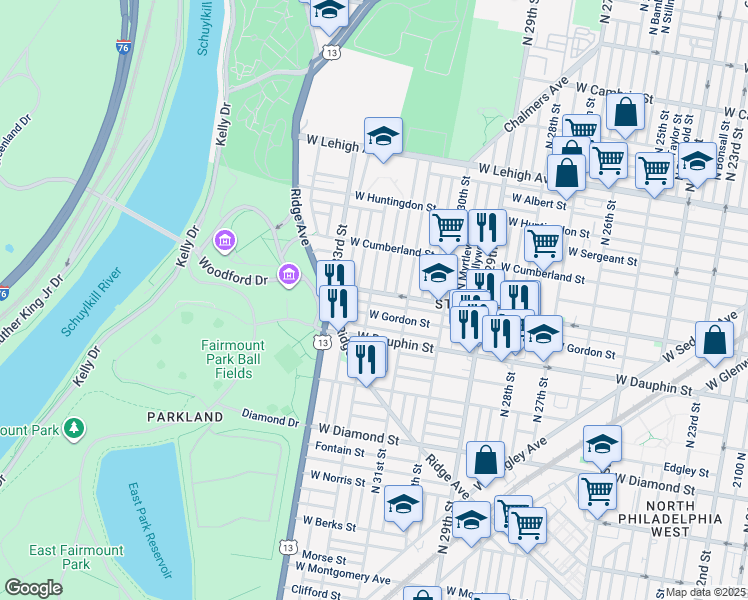 map of restaurants, bars, coffee shops, grocery stores, and more near 2345 North 32nd Street in Philadelphia