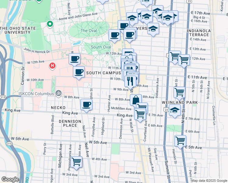 map of restaurants, bars, coffee shops, grocery stores, and more near 61 West 9th Avenue in Columbus