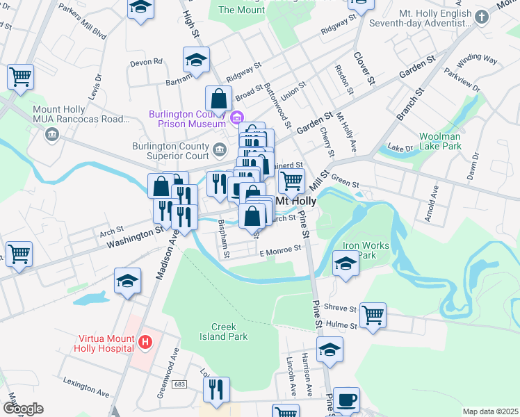 map of restaurants, bars, coffee shops, grocery stores, and more near 4 Mill St in Mt Holly