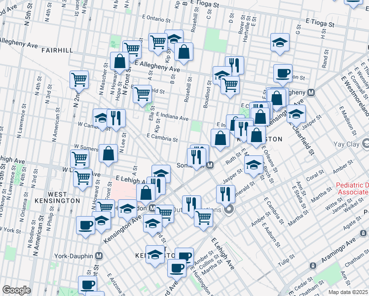 map of restaurants, bars, coffee shops, grocery stores, and more near 356 East Cambria Street in Philadelphia