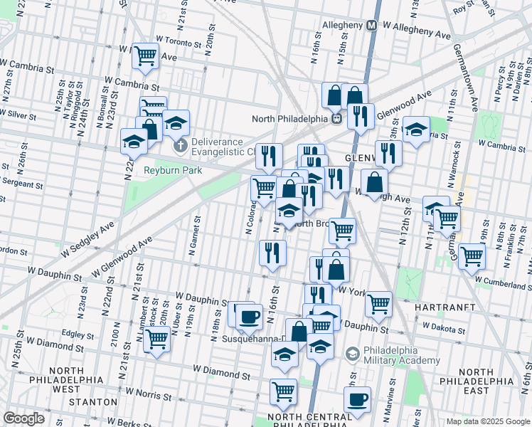 map of restaurants, bars, coffee shops, grocery stores, and more near in Philadelphia