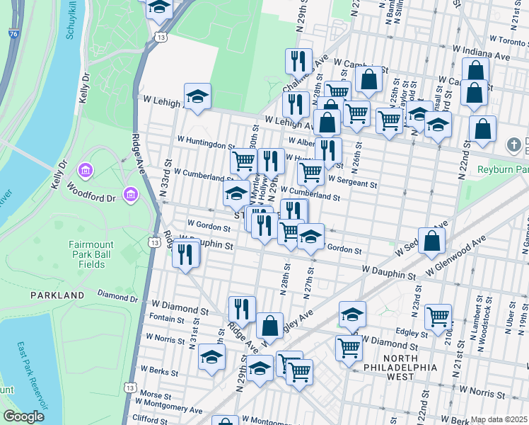 map of restaurants, bars, coffee shops, grocery stores, and more near in Philadelphia