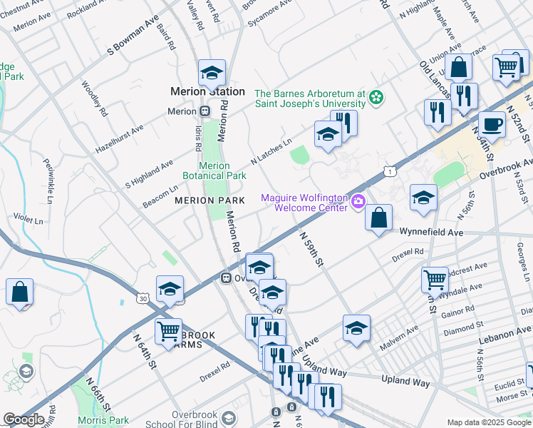 map of restaurants, bars, coffee shops, grocery stores, and more near 526 Greystone Road in Merion Station