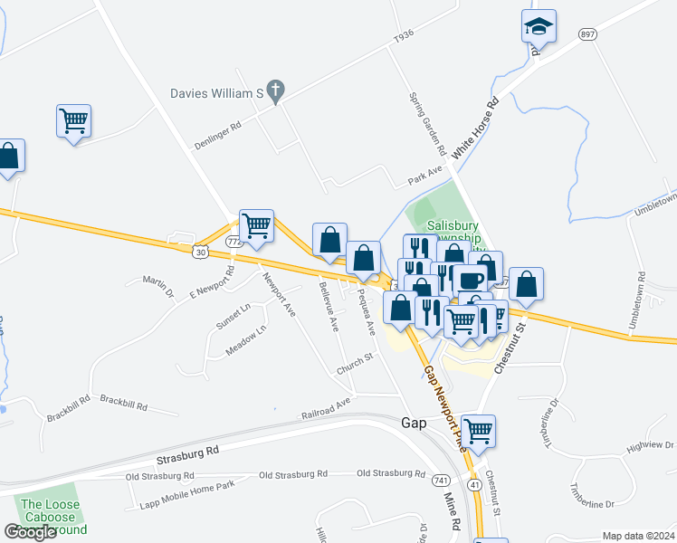 map of restaurants, bars, coffee shops, grocery stores, and more near 5293 Lincoln Highway in Gap
