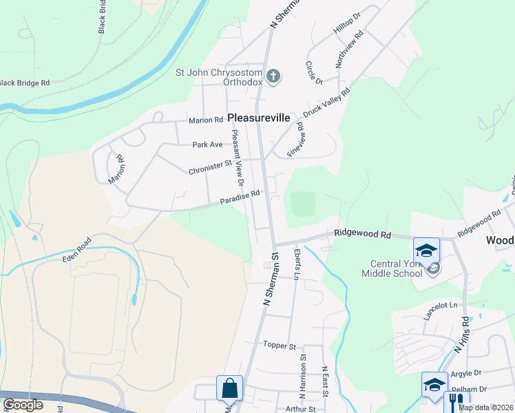 map of restaurants, bars, coffee shops, grocery stores, and more near 2065 City View Road in York
