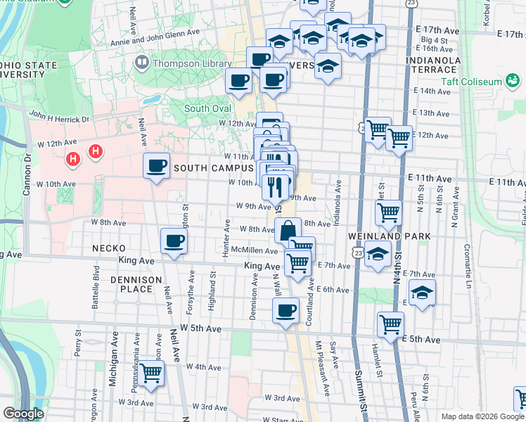 map of restaurants, bars, coffee shops, grocery stores, and more near in Columbus