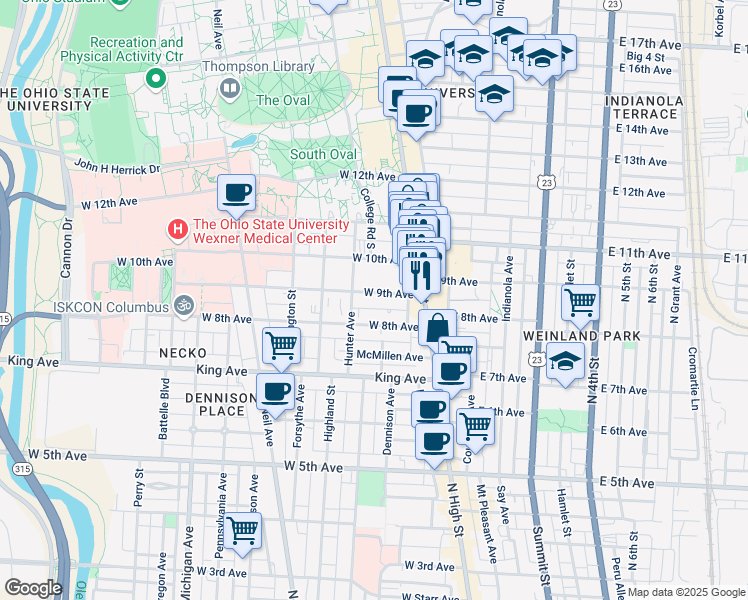 map of restaurants, bars, coffee shops, grocery stores, and more near 61 West 9th Avenue in Columbus