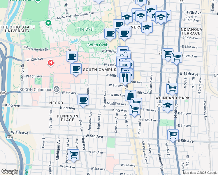 map of restaurants, bars, coffee shops, grocery stores, and more near 61 West 9th Avenue in Columbus