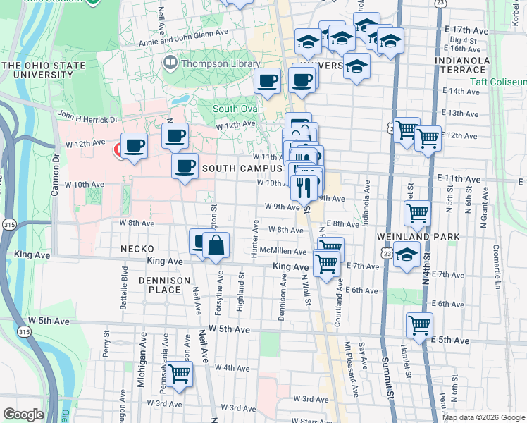 map of restaurants, bars, coffee shops, grocery stores, and more near in Columbus