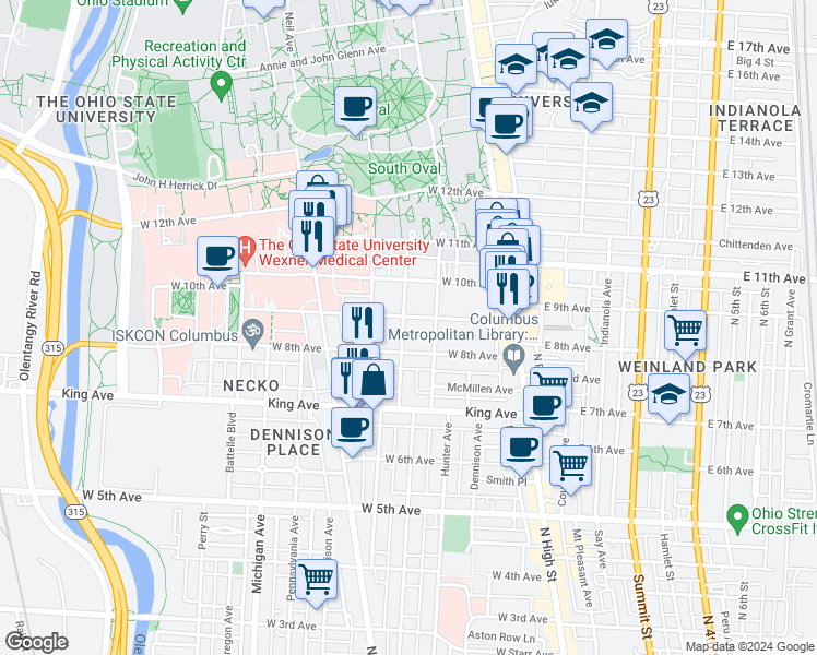 map of restaurants, bars, coffee shops, grocery stores, and more near in Columbus