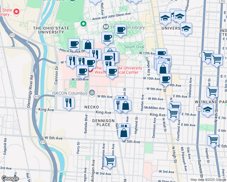 map of restaurants, bars, coffee shops, grocery stores, and more near in Columbus
