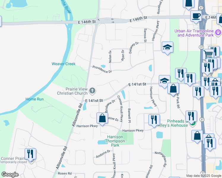 map of restaurants, bars, coffee shops, grocery stores, and more near 14116 Conner Knoll Parkway in Fishers