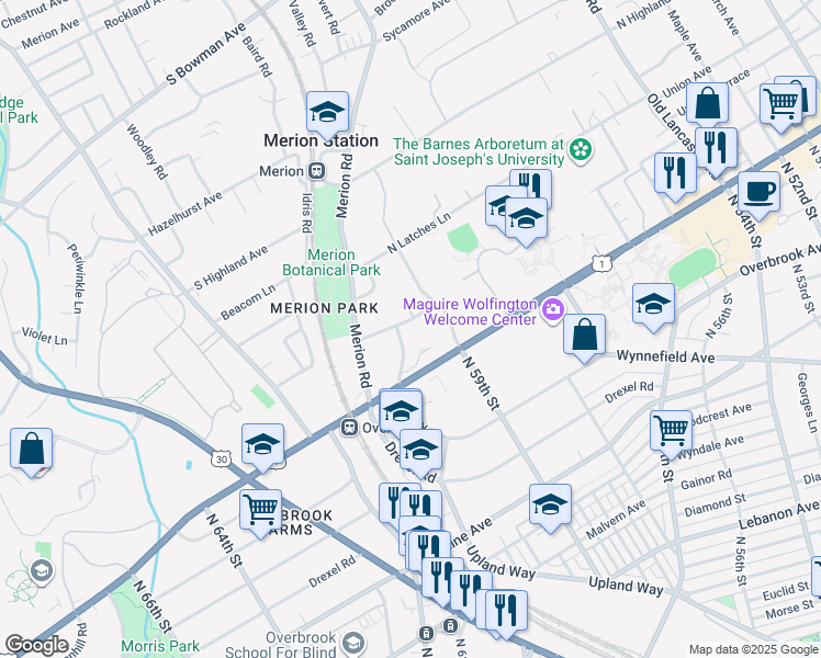 map of restaurants, bars, coffee shops, grocery stores, and more near 526 Greystone Road in Merion Station