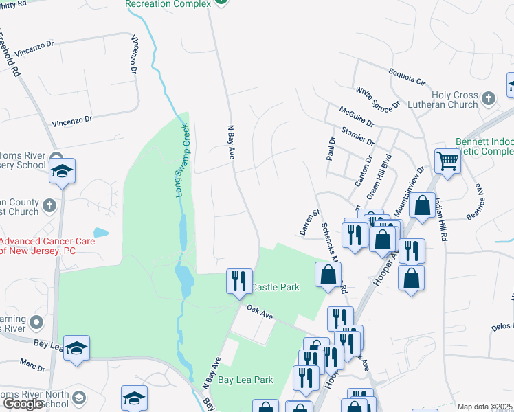 map of restaurants, bars, coffee shops, grocery stores, and more near 1573 North Bay Avenue in Toms River