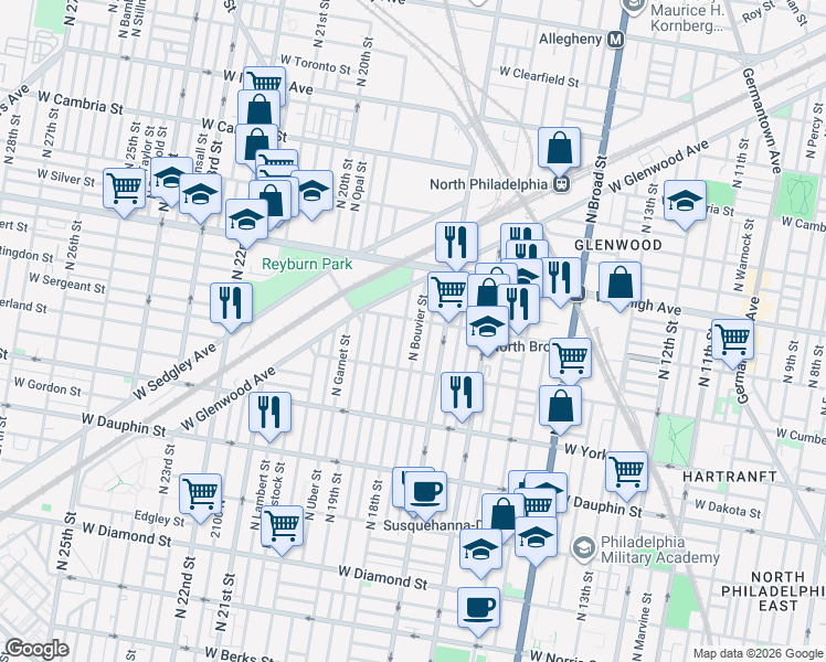 map of restaurants, bars, coffee shops, grocery stores, and more near 1716 West Huntingdon Street in Philadelphia