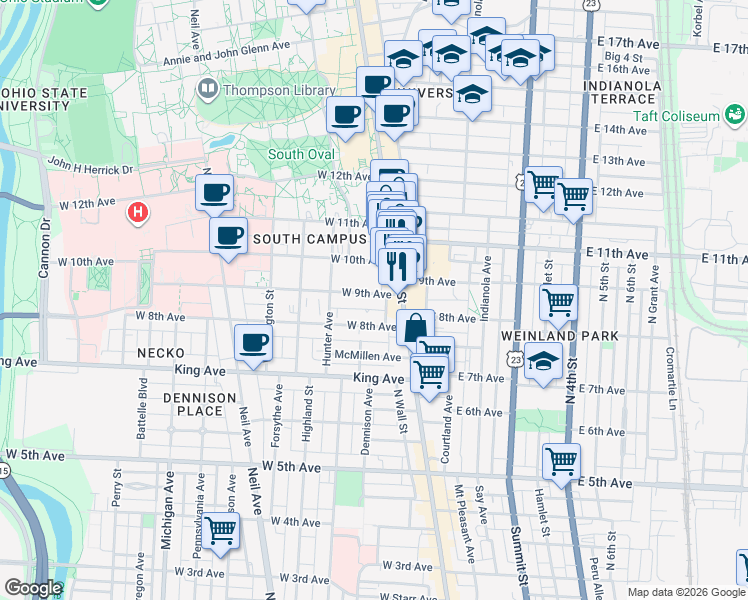 map of restaurants, bars, coffee shops, grocery stores, and more near 41 West 9th Avenue in Columbus