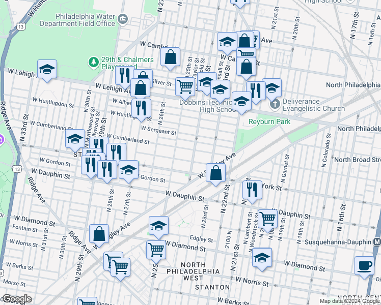 map of restaurants, bars, coffee shops, grocery stores, and more near 2406 West Cumberland Street in Philadelphia