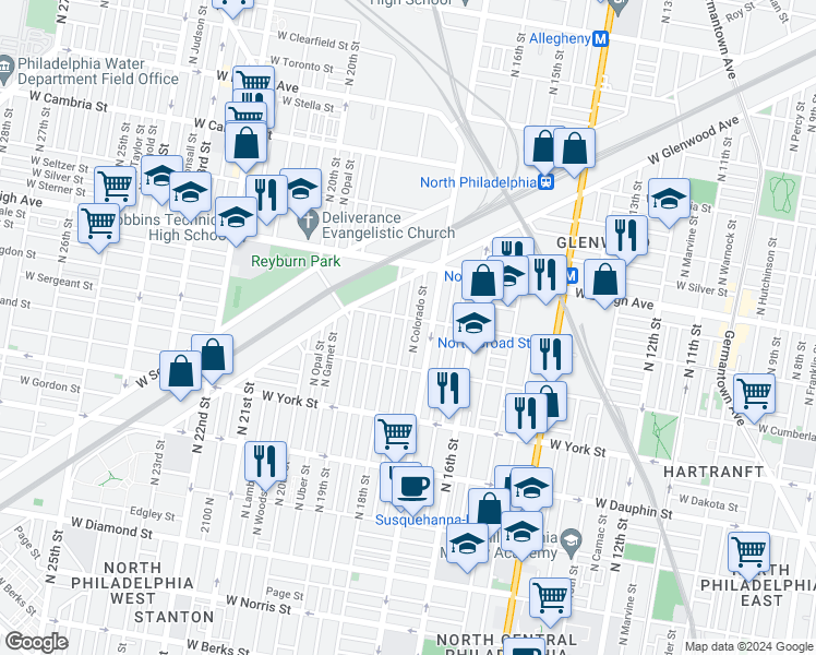 map of restaurants, bars, coffee shops, grocery stores, and more near 2559 North Bouvier Street in Philadelphia