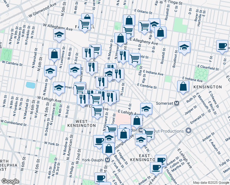 map of restaurants, bars, coffee shops, grocery stores, and more near 2809 Hope Street in Philadelphia