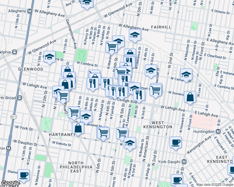 map of restaurants, bars, coffee shops, grocery stores, and more near 2719 North Fairhill Street in Philadelphia