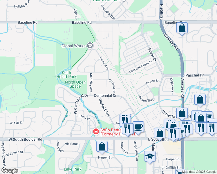 map of restaurants, bars, coffee shops, grocery stores, and more near 2352 Paramount Court in Louisville