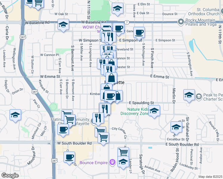 map of restaurants, bars, coffee shops, grocery stores, and more near in Lafayette