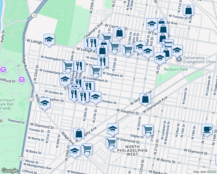 map of restaurants, bars, coffee shops, grocery stores, and more near 2609 West Hagert Street in Philadelphia