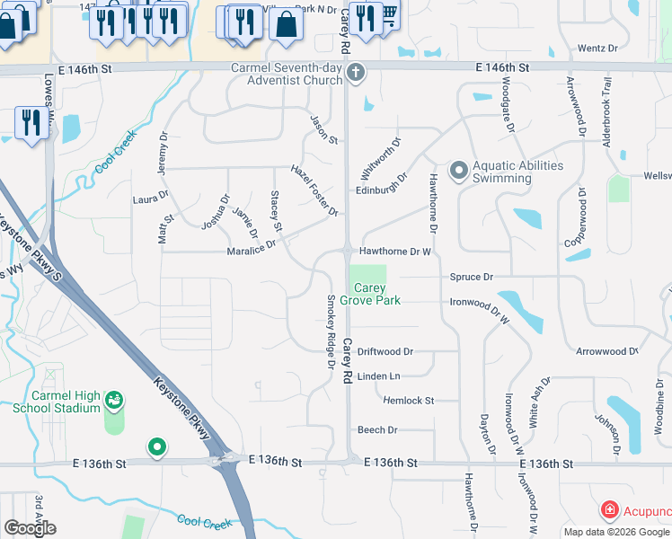 map of restaurants, bars, coffee shops, grocery stores, and more near 13855 Smokey Ridge Drive in Carmel