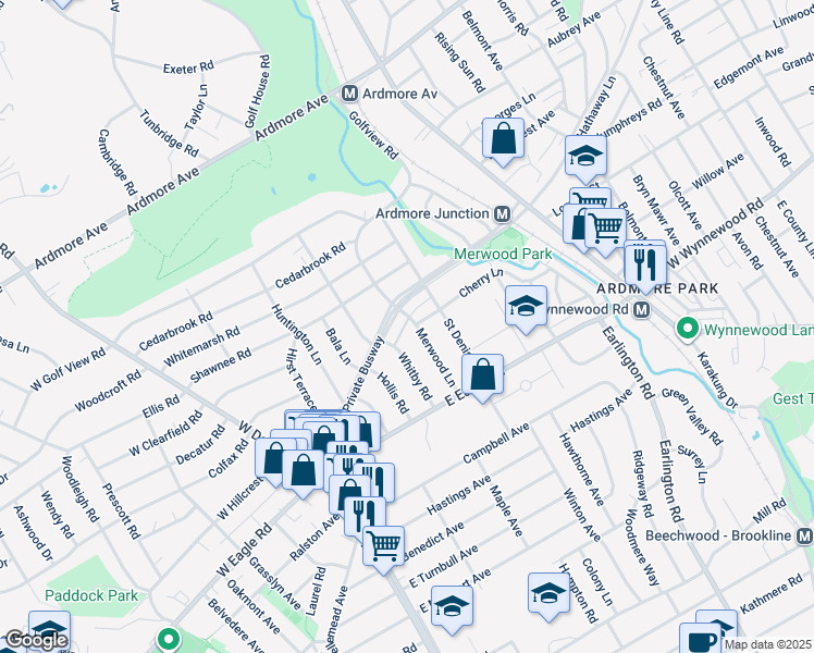 map of restaurants, bars, coffee shops, grocery stores, and more near 2458 Merwood Lane in Havertown