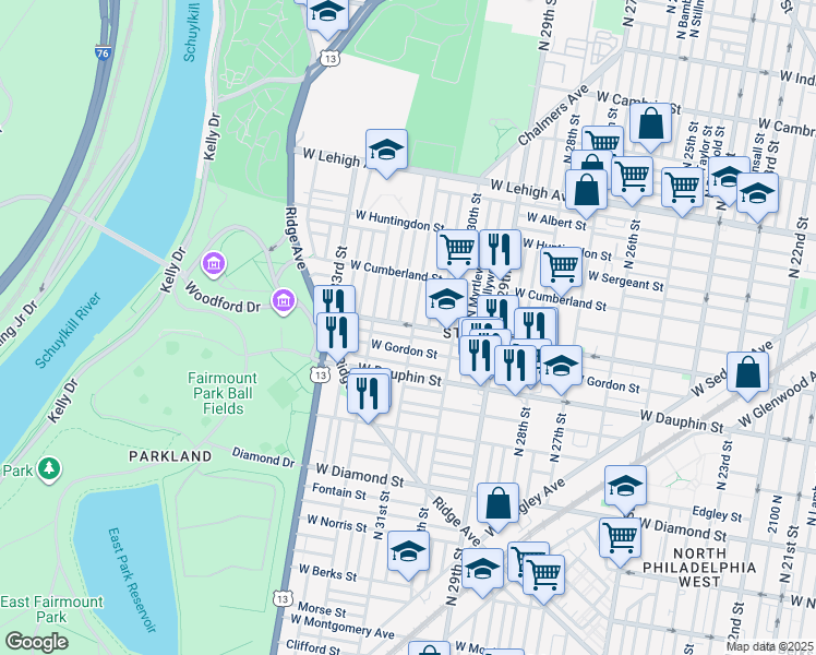 map of restaurants, bars, coffee shops, grocery stores, and more near 2354 North 31st Street in Philadelphia