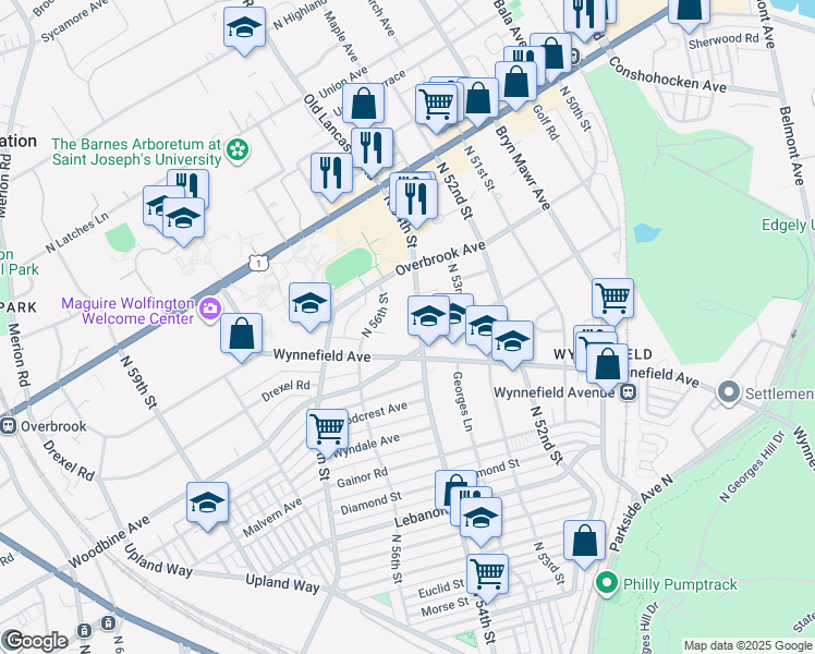 map of restaurants, bars, coffee shops, grocery stores, and more near 2408 North 54th Street in Philadelphia
