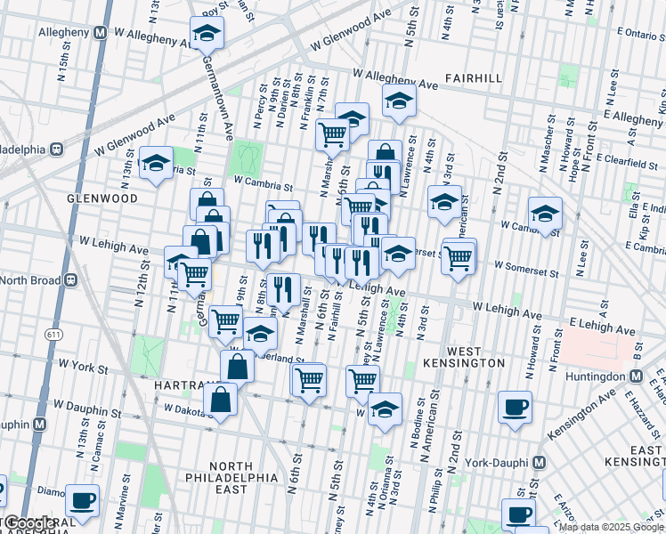 map of restaurants, bars, coffee shops, grocery stores, and more near 2715 North 6th Street in Philadelphia