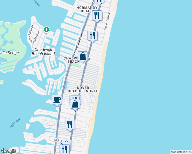 map of restaurants, bars, coffee shops, grocery stores, and more near 3446 Ocean Road in Lavallette