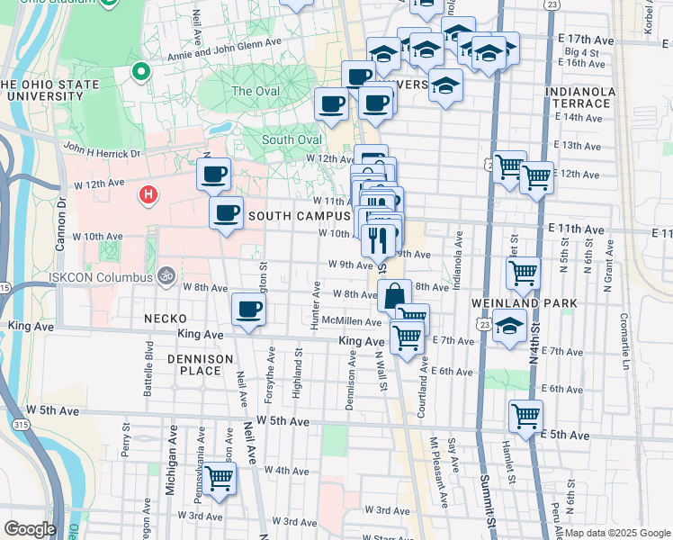map of restaurants, bars, coffee shops, grocery stores, and more near 61 West 9th Avenue in Columbus