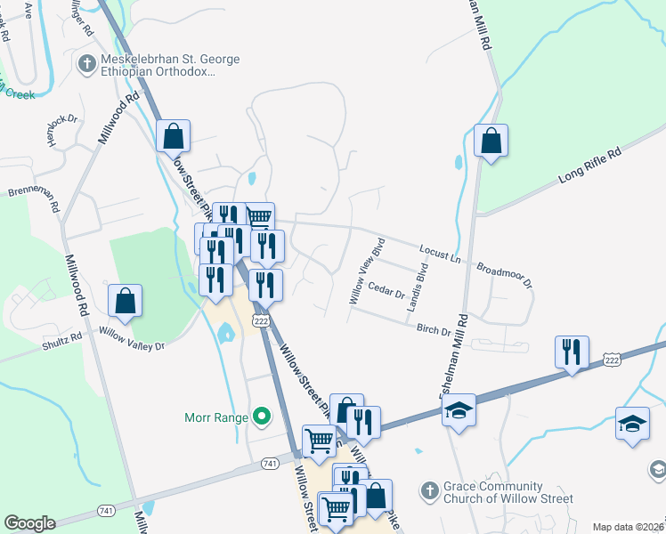 map of restaurants, bars, coffee shops, grocery stores, and more near 105 Dorianne Drive in Willow Street