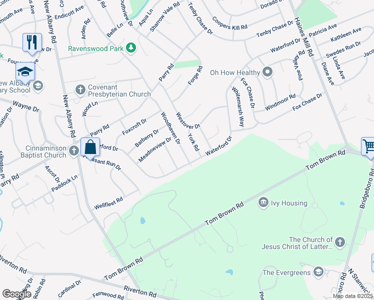 map of restaurants, bars, coffee shops, grocery stores, and more near 3108 Woodhaven Drive in Cinnaminson