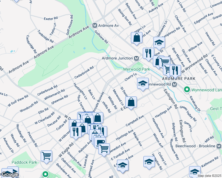 map of restaurants, bars, coffee shops, grocery stores, and more near 2458 Merwood Lane in Havertown