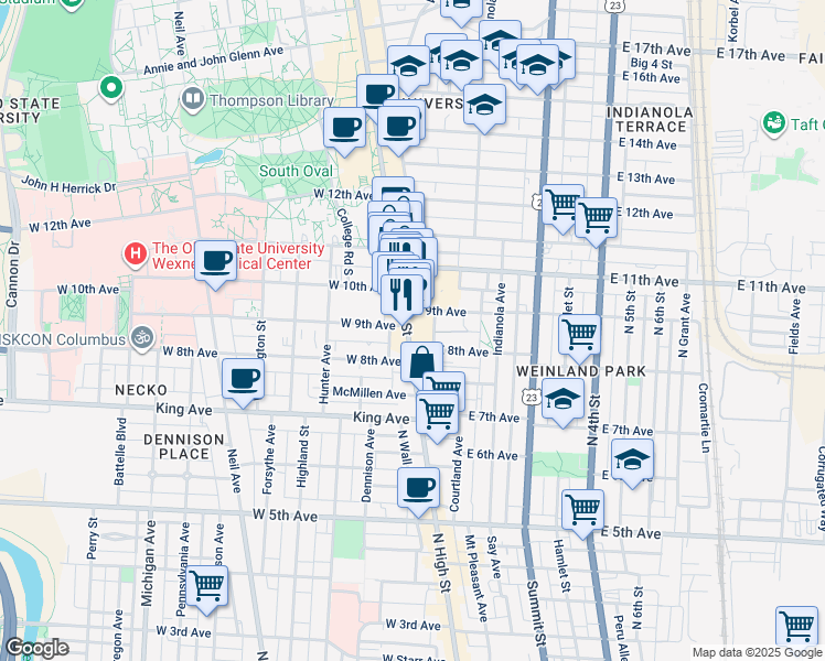 map of restaurants, bars, coffee shops, grocery stores, and more near 1494 North High Street in Columbus