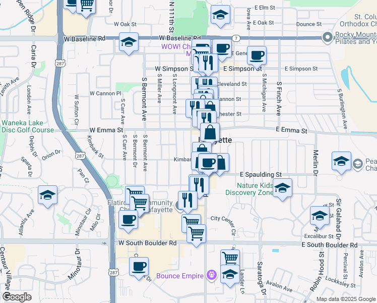 map of restaurants, bars, coffee shops, grocery stores, and more near 605 South Roosevelt Avenue in Lafayette
