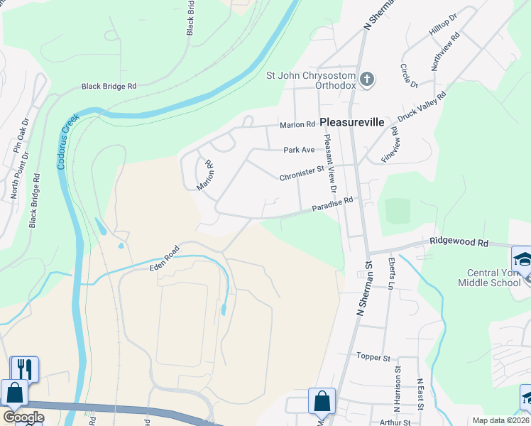 map of restaurants, bars, coffee shops, grocery stores, and more near 539 Paradise Road in York